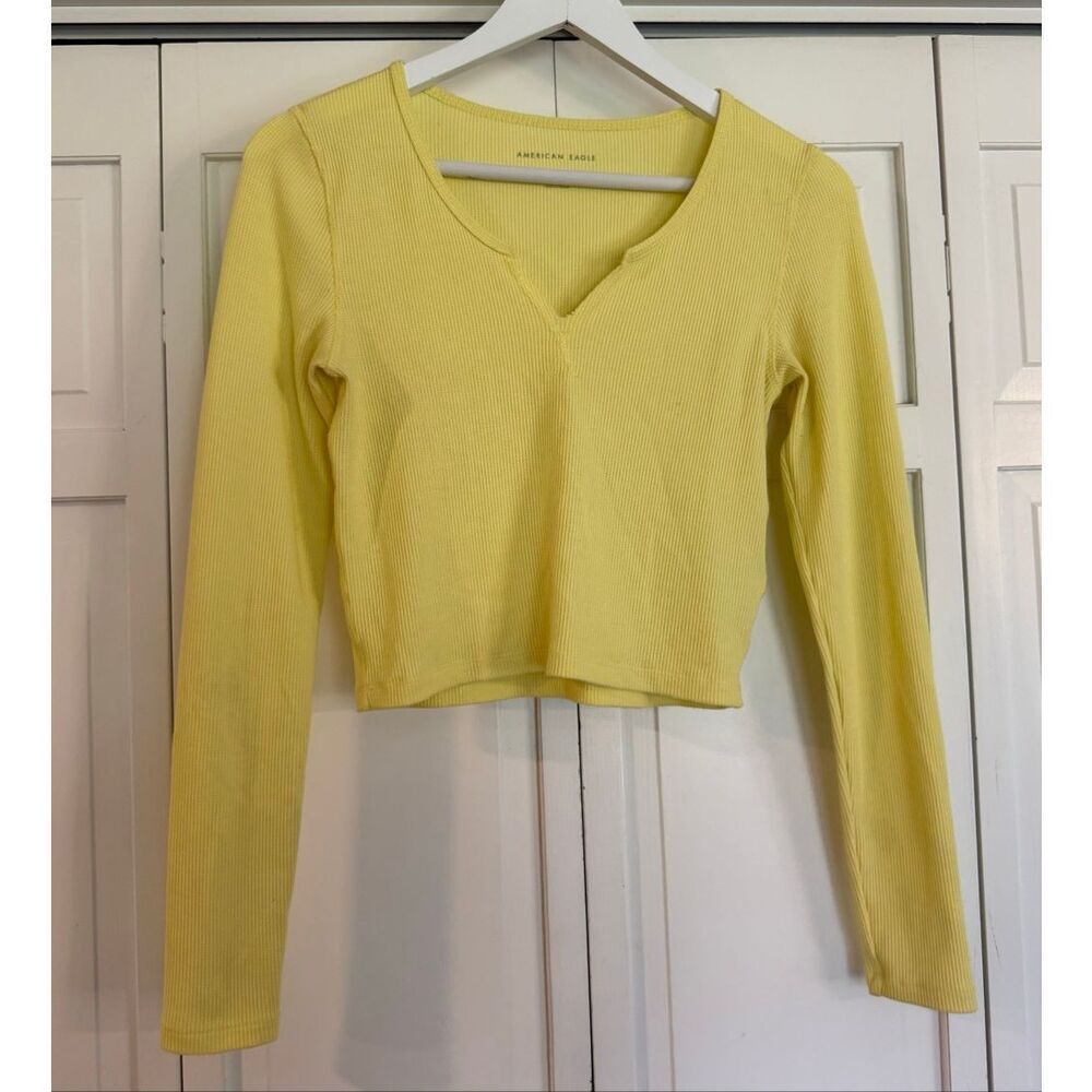 American Eagle butter yellow waffles cropped Henley top small - Picture 6 of 6